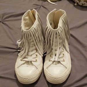 Converse white fringe high tops